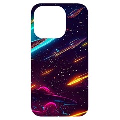 Night Sky Neon Spaceship Drawing Iphone 14 Pro Black Uv Print Case by Ravend