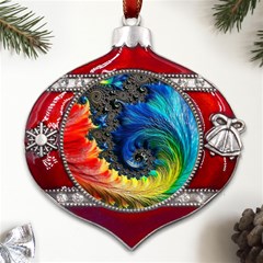 Colorful Digital Art Fractal Design Metal Snowflake And Bell Red Ornament by uniart180623