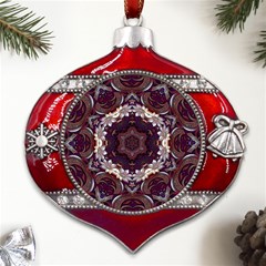 Rosette Kaleidoscope Mosaic Abstract Background Metal Snowflake And Bell Red Ornament by Simbadda