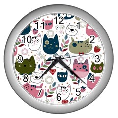 Pattern With Cute Cat Heads Wall Clock (silver) by Simbadda