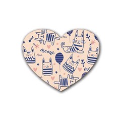 Cute Cats Doodle Seamless Pattern With Funny Characters Rubber Heart Coaster (4 Pack) by Simbadda