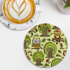 Seamless Pattern With Trees Owls Uv Print Round Tile Coaster by Simbadda