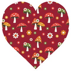 Woodland Mushroom And Daisy Seamless Pattern On Red Backgrounds Wooden Puzzle Heart by Amaryn4rt