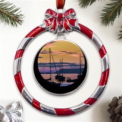 Twilight Over Ushuaia Port Metal Red Ribbon Round Ornament by dflcprintsclothing