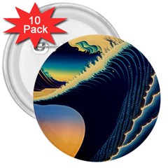 Japanese Japan Waves Sea Ocean 3  Buttons (10 Pack)  by uniart180623