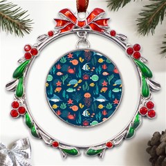 Fish Sea Animals Pattern Metal X mas Wreath Ribbon Ornament by Ndabl3x