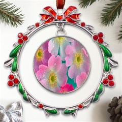 Pink Neon Flowers, Flower Metal X mas Wreath Ribbon Ornament by nateshop