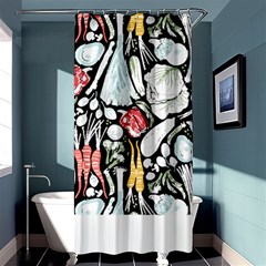 Veggies T- Shirt Go Veggie    Pattern    Black Background Sage Green Mint Goldenrod Yellow Coral And Shower Curtain 36  X 72  (stall)  by ZUXUMI