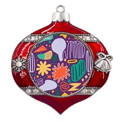 Colorful Shapes On A Purple Background Metal Snowflake And Bell Red Ornament by LalyLauraFLM