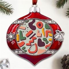 Shapes In Retro Colors On A Green Background Metal Snowflake And Bell Red Ornament by LalyLauraFLM