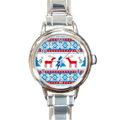 Red And Green Christmas Tree Winter Pattern Pixel Elk Buckle Holidays Round Italian Charm Watch by Sarkoni