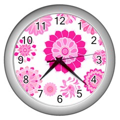 Flower Pattern T- Shirt Pink Psychedelic Floral Power Pattern T- Shirt Wall Clock (silver) by EnriqueJohnson