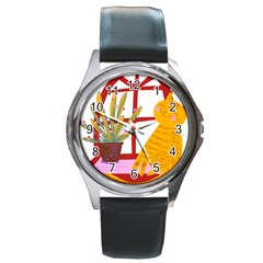 Cat Pet Ginger Art Animal Cartoon Round Metal Watch by uniart180623