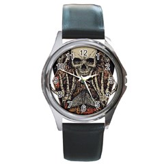 Gray And Multicolored Skeleton Illustration Round Metal Watch by uniart180623