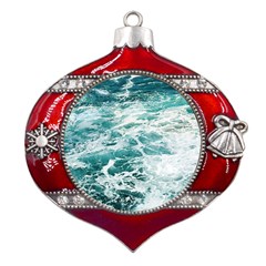 Blue Crashing Ocean Wave Metal Snowflake And Bell Red Ornament by Jack14