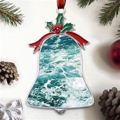 Blue Crashing Ocean Wave Metal Holly Leaf Bell Ornament by Jack14