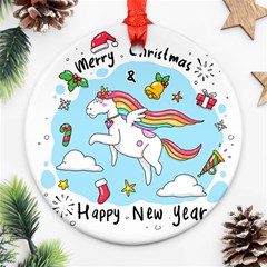 Merry Christmas Xmas Doodle Sketch Cartoon Unicorn Round Ornament (two Sides) by Pakjumat