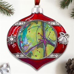 Green Peace Sign Psychedelic Trippy Metal Snowflake And Bell Red Ornament by Modalart