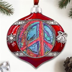 Hippie Peace Sign Psychedelic Trippy Metal Snowflake And Bell Red Ornament by Modalart