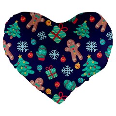 Christmas Texture New Year Background Trees Retro Pattern Large 19  Premium Flano Heart Shape Cushions by Sarkoni