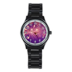 Fireworks On A Purple With Fireworks New Year Christmas Pattern Stainless Steel Round Watch by Sarkoni