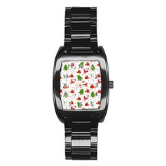 Christmas Santa Pattern Tree Stainless Steel Barrel Watch by Sarkoni