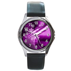 Purple Abstract Merry Christmas Xmas Pattern Round Metal Watch by Sarkoni