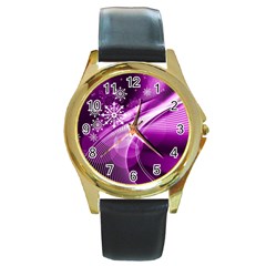 Purple Abstract Merry Christmas Xmas Pattern Round Gold Metal Watch by Sarkoni