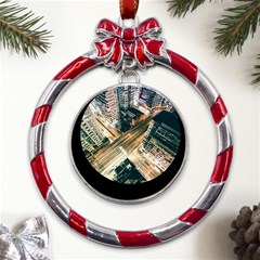 Architecture Buildings City Metal Red Ribbon Round Ornament by Amaryn4rt