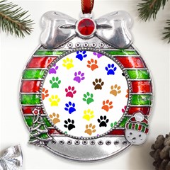 Pawprints Paw Prints Paw Animal Metal X mas Ribbon With Red Crystal Round Ornament by Apen