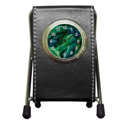 Tropical Green Leaves Background Pen Holder Desk Clock by Bedest