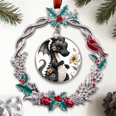 Cute Black Baby Dragon Flowers Painting (7) Metal X mas Wreath Holly Leaf Ornament by 1xmerch