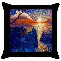 Digital Art Fantasy Impressionism Painting Ship Boat Psychedelic Peacock Mushroom Flamingos Hipwreck Throw Pillow Case (black) by Sarkoni