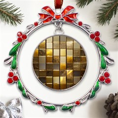 Golden Mosaic Tiles  Metal X mas Wreath Ribbon Ornament by essentialimage