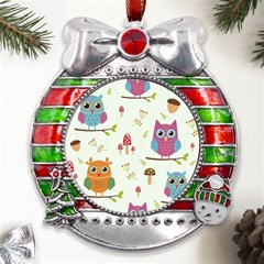 Forest Seamless Pattern With Cute Owls Metal X mas Ribbon With Red Crystal Round Ornament by Apen