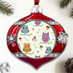 Forest Seamless Pattern With Cute Owls Metal Snowflake And Bell Red Ornament Front