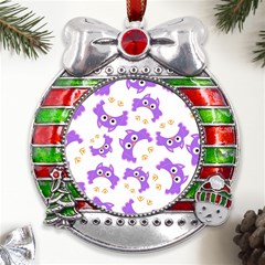 Purple Owl Pattern Background Metal X mas Ribbon With Red Crystal Round Ornament by Apen