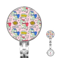 Seamless Pattern With Many Funny Cute Superhero Dinosaurs T-rex Mask Cloak With Comics Style Inscrip Stainless Steel Nurses Watch by Ket1n9