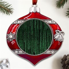 Green Matrix Code Illustration Digital Art Portrait Display Metal Snowflake And Bell Red Ornament by Cendanart