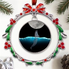 Dolphin Moon Water Metal X mas Wreath Ribbon Ornament by Ndabl3x