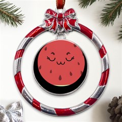 Watermelon Lock Love Metal Red Ribbon Round Ornament by Cemarart