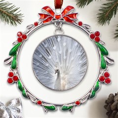 White Peacock Bird Metal X mas Wreath Ribbon Ornament by Ndabl3x