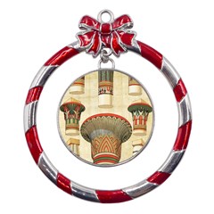 Egyptian Architecture Column Metal Red Ribbon Round Ornament by Proyonanggan