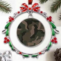 Camo, Abstract, Beige, Black, Brown Military, Mixed, Olive Metal X mas Wreath Ribbon Ornament by nateshop