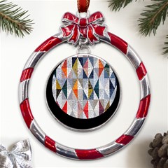 Mosaic, Colorful, Rhombuses, Pattern, Geometry Metal Red Ribbon Round Ornament by nateshop