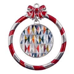 Mosaic, Colorful, Rhombuses, Pattern, Geometry Metal Red Ribbon Round Ornament by nateshop