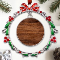 Brown Wooden Texture Metal X mas Wreath Ribbon Ornament by nateshop