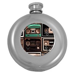 Retro Electronics Old Antiques Texture Wallpaper Vintage Cassette Tapes Retrospective Round Hip Flask (5 Oz) by Grandong