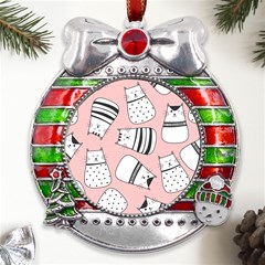 Cute Cats Cartoon Seamless-pattern Metal X mas Ribbon With Red Crystal Round Ornament by Apen