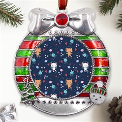 Cute Astronaut Cat With Star Galaxy Elements Seamless Pattern Metal X mas Ribbon With Red Crystal Round Ornament by Apen